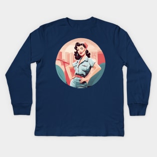 Cobalt Couture Navy Trendsetter Pin Up Girl Kids Long Sleeve T-Shirt